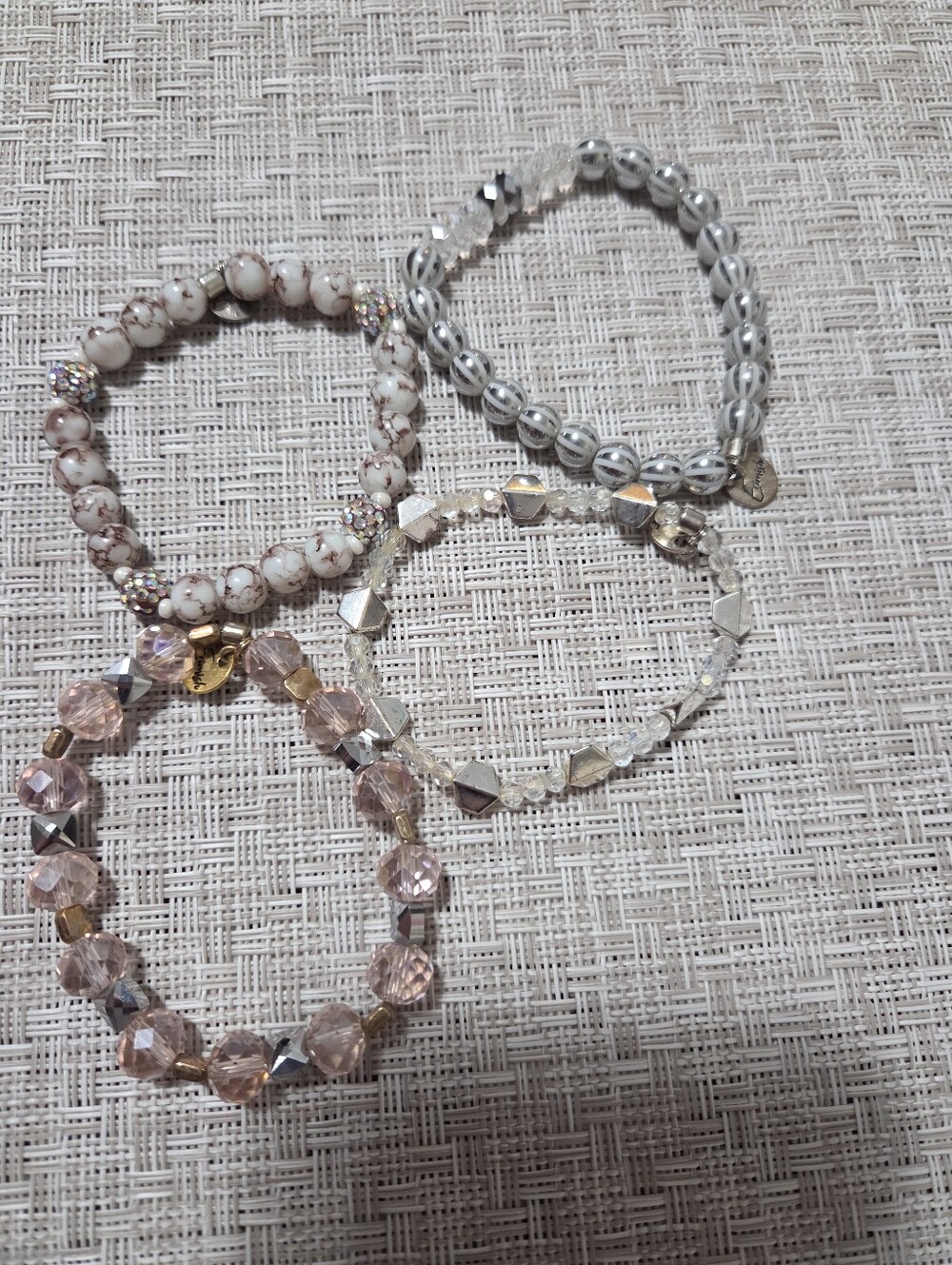 Erimish Set of 4 Women's Pink, White and Silver Beaded Stretch Bracelets